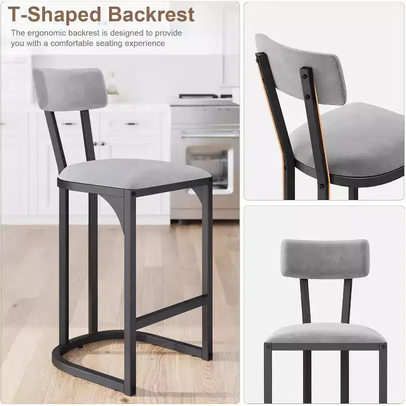 Set di 2 Sgabelli da Bar Altezza Bancone con Supporto Ergonomico per la Schiena, Telaio Stabile in Metallo e Rivestimento in Velluto per Isola Cucina e Home Bar