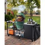 Grill Table for Big Green Egg, Portable Outdoor Grill Cart, Heavy Duty Metal Prep Table w/Swivel Caster,Tools Hooks,Paper Towel Rack,Garbage Bag Rack