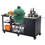 Tavolo Grill per Big Green Egg, Carrello Portatile per Barbecue da Esterno, Tavolo da Lavoro in Metallo Resistente con Ruote Girevoli, Ganci per Utensili, Porta Asciugamani di Carta, Porta Sacchi per Immondizia