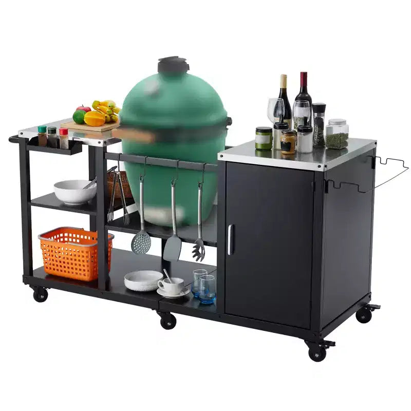 Tavolo Grill per Big Green Egg, Carrello Portatile per Barbecue da Esterno, Tavolo da Lavoro in Metallo Resistente con Ruote Girevoli, Ganci per Utensili, Porta Asciugamani di Carta, Porta Sacchi per Immondizia