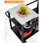 Tavolo Grill per Big Green Egg, Carrello Portatile per Barbecue da Esterno, Tavolo da Lavoro in Metallo Resistente con Ruote Girevoli, Ganci per Utensili, Porta Asciugamani di Carta, Porta Sacchi per Immondizia