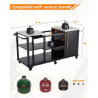 Tavolo Grill per Big Green Egg, Carrello Portatile per Barbecue da Esterno, Tavolo da Lavoro in Metallo Resistente con Ruote Girevoli, Ganci per Utensili, Porta Asciugamani di Carta, Porta Sacchi per Immondizia
