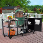 Tavolo Grill per Big Green Egg, Carrello Portatile per Barbecue da Esterno, Tavolo da Lavoro in Metallo Resistente con Ruote Girevoli, Ganci per Utensili, Porta Asciugamani di Carta, Porta Sacchi per Immondizia