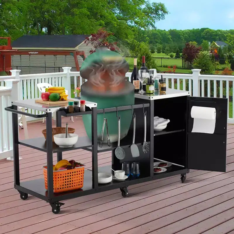 Tavolo Grill per Big Green Egg, Carrello Portatile per Barbecue da Esterno, Tavolo da Lavoro in Metallo Resistente con Ruote Girevoli, Ganci per Utensili, Porta Asciugamani di Carta, Porta Sacchi per Immondizia