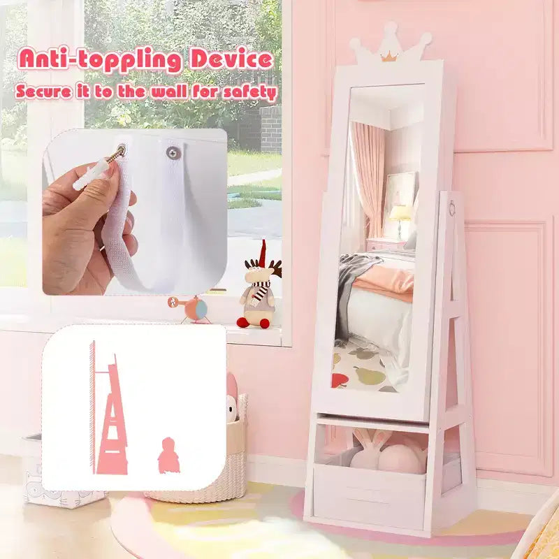 Mobiletto portagioie per bambini con specchio a figura intera e cassetti pieghevoli
