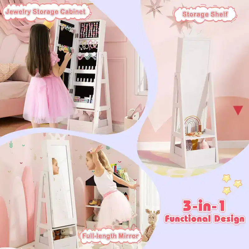 Mobiletto portagioie per bambini con specchio a figura intera e cassetti pieghevoli