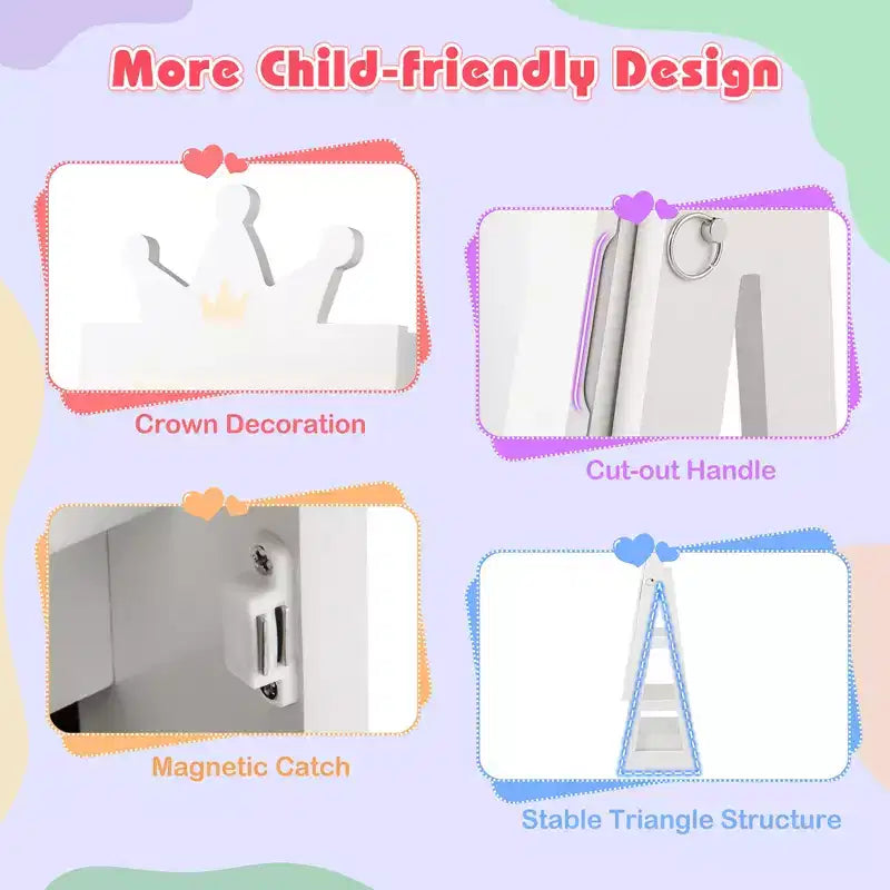 Mobiletto portagioie per bambini con specchio a figura intera e cassetti pieghevoli