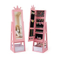 Costway Kids Jewelry Cabinet w/ Full-Length Mirror Foldable Drawer Anti-toppling System White/Pink