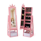 Costway Kids Jewelry Cabinet w/ Full-Length Mirror Foldable Drawer Anti-toppling System White/Pink