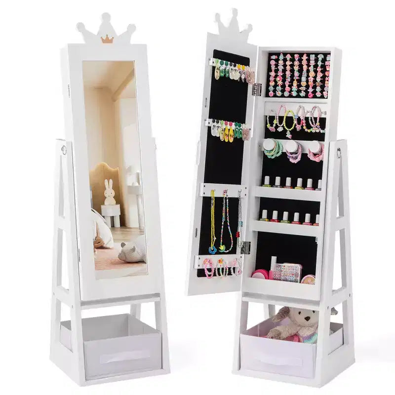 Mobiletto portagioie per bambini con specchio a figura intera e cassetti pieghevoli