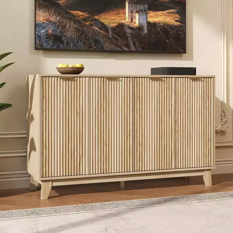 55 Modern Fluted TV Stand, Entertainment Center with 4 Doors & Large Storage Cabinets, Buffet Cabinet with Adjustable Shelf for Bedroom, Living Room