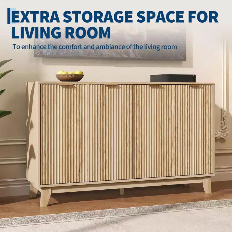 Mobile TV moderno a scanalature da 55", Centro di intrattenimento con 4 ante e ampi armadietti contenitori, Credenza con ripiano regolabile per camera da letto, soggiorno