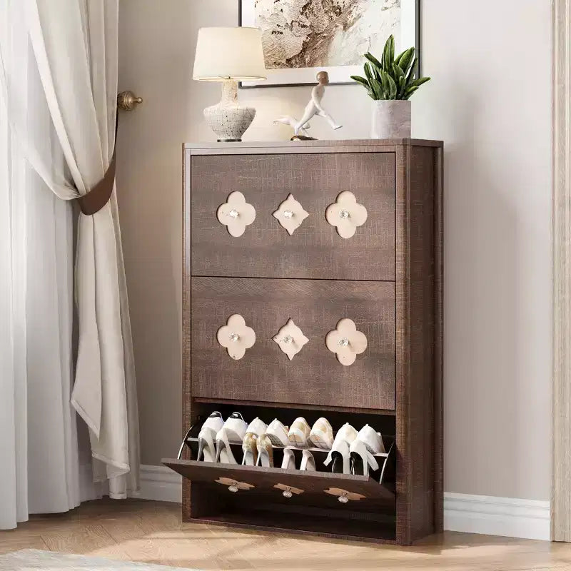 Scarpiera con 3 cassetti a ribalta sottili, scarpiera indipendente con motivo floreale, maniglie a diamante, organizer in legno stretto e nascosto per ingresso e corridoio