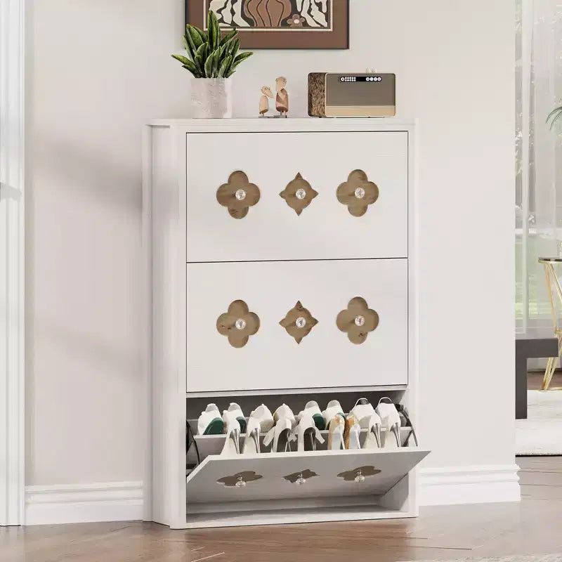 Scarpiera con 3 cassetti a ribalta sottili, scarpiera indipendente con motivo floreale, maniglie a diamante, organizer in legno stretto e nascosto per ingresso e corridoio