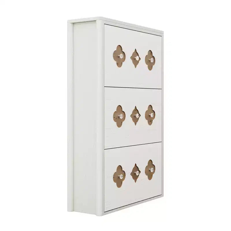 Shoe Cabinet with 3 Flip Drawers Slim Freestanding Shoe Rack Flower Pattern Diamond Handles Narrow Hidden Wood Organizer for Entryway Hallway
