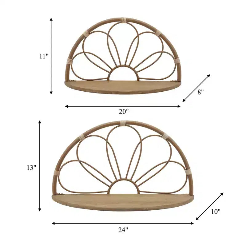Scaffali moderni a mezzaluna da parete per la casa – Eleganti mensole pensili in metallo e legno in stile boho per l'ingresso – Set da 2, 13, 11, Marrone