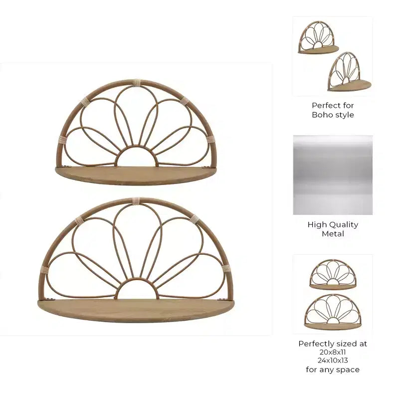 Scaffali moderni a mezzaluna da parete per la casa – Eleganti mensole pensili in metallo e legno in stile boho per l'ingresso – Set da 2, 13, 11, Marrone