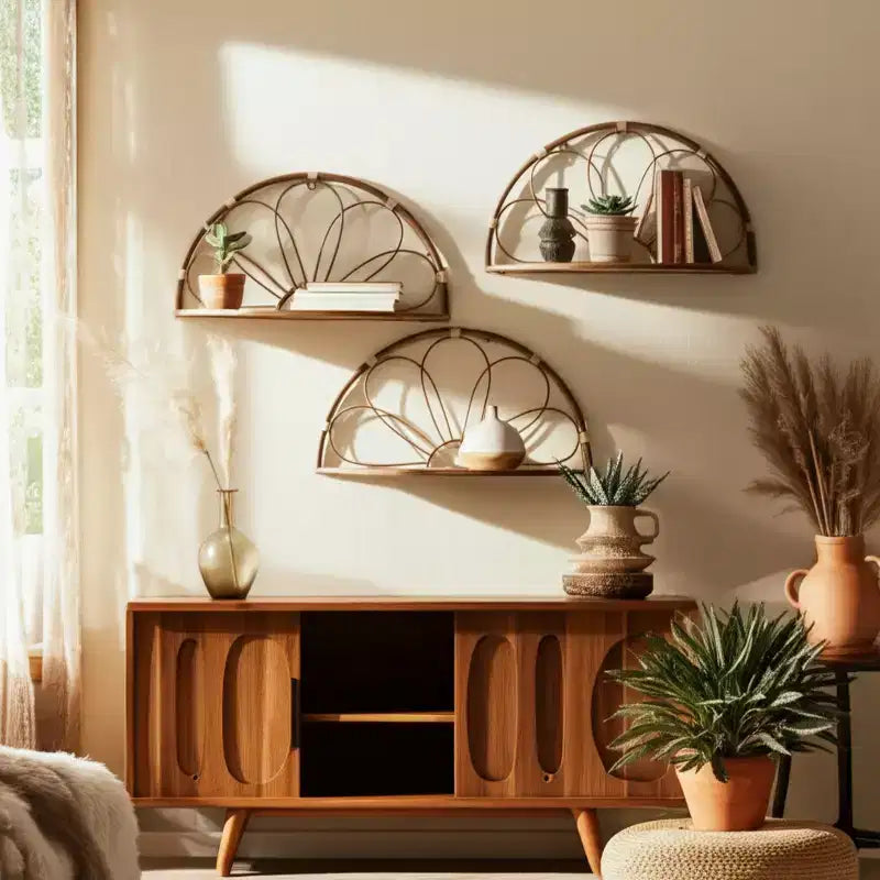 Scaffali moderni a mezzaluna da parete per la casa – Eleganti mensole pensili in metallo e legno in stile boho per l'ingresso – Set da 2, 13, 11, Marrone