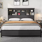 Platform Bed Frame with 2-Tier Bookcase Headboard & Charging Station, Heavy Duty Metal Slats, 9.6 Underbed Storage, No Box Spring Needed