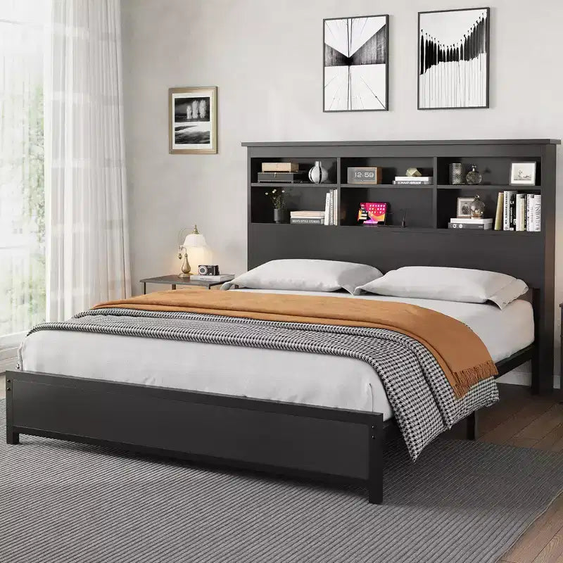 Base letto a piattaforma con testiera libreria a 2 livelli e stazione di ricarica, doghe in metallo resistente, spazio contenitore sotto il letto da 9,6 pollici, nessun box spring necessario