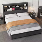 Base letto a piattaforma con testiera libreria a 2 livelli e stazione di ricarica, doghe in metallo resistente, spazio contenitore sotto il letto da 9,6 pollici, nessun box spring necessario