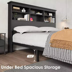 Base letto a piattaforma con testiera libreria a 2 livelli e stazione di ricarica, doghe in metallo resistente, spazio contenitore sotto il letto da 9,6 pollici, nessun box spring necessario