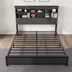 Base letto a piattaforma con testiera libreria a 2 livelli e stazione di ricarica, doghe in metallo resistente, spazio contenitore sotto il letto da 9,6 pollici, nessun box spring necessario