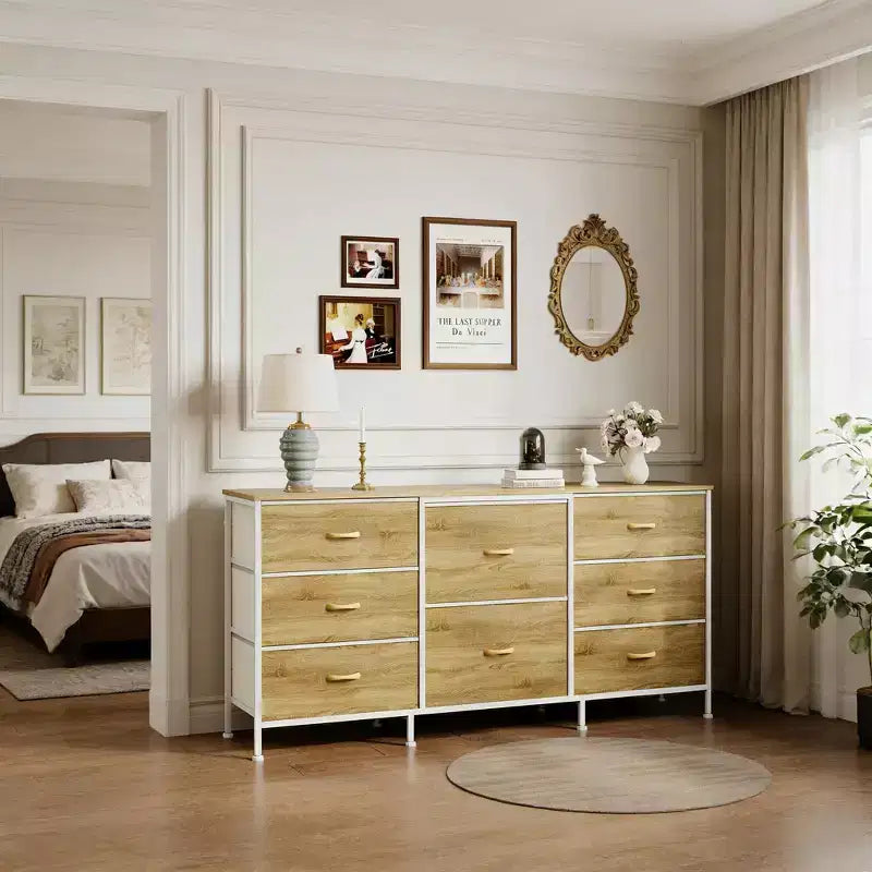 Comò in tessuto con 8 cassetti, piano in legno e struttura in metallo per camera da letto e soggiorno