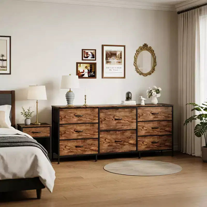 Comò in tessuto con 8 cassetti, piano in legno e struttura in metallo per camera da letto e soggiorno