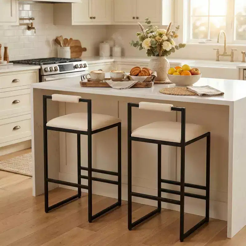 FurnitureR 2PCS 24.8 Counter Height Bar Stools, Modern Industrial Bar Chairs with Backrest & Footrest, Upholstered Seat Kitchen Island Stools, Beige
