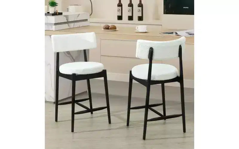 Set di 2 sgabelli da bar alti in ciniglia imbottita stile metà secolo, beige/nero