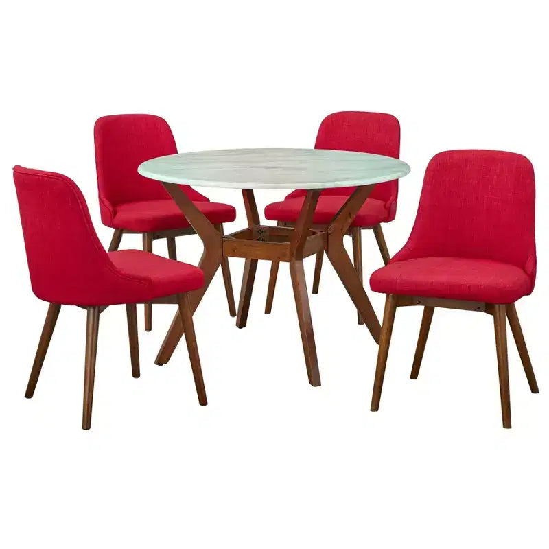 Buylateral 5pc Saville Mid Century Modern Faux Marble Round Dining Set Faux Marble Top, Chairs, Seats 4